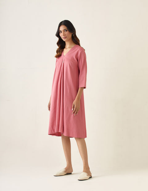 Buy Rose Pink Flared Dress in Cotton Glaze | Vinusto