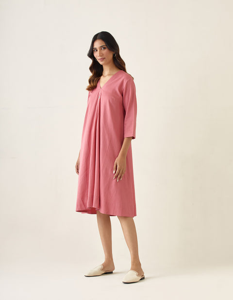 Rose Pink Flared Dress in Cotton Glaze
