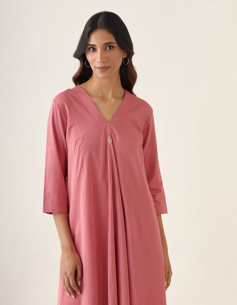 Luxury Rose Pink Flared Dress in Cotton Glaze | Vinusto