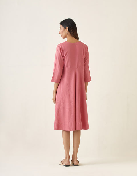Premium Rose Pink Flared Dress in Cotton Glaze | Vinusto