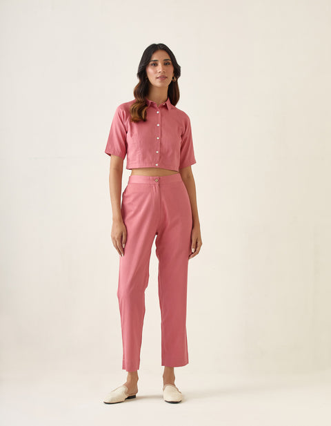 Shop Rose Pink Crop Top & Pleated Pants in Cotton Glaze (Set of 2) | Vinusto