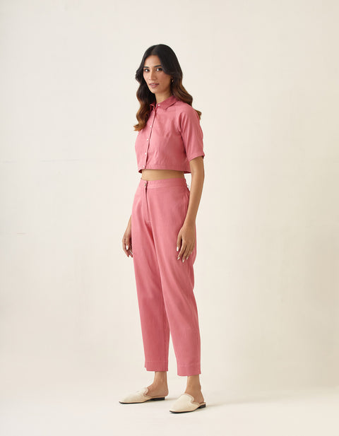 Buy Rose Pink Crop Top & Pleated Pants in Cotton Glaze (Set of 2) | Vinusto