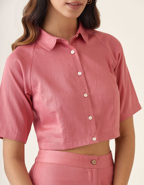 Luxury Rose Pink Crop Top & Pleated Pants in Cotton Glaze (Set of 2) | Vinusto
