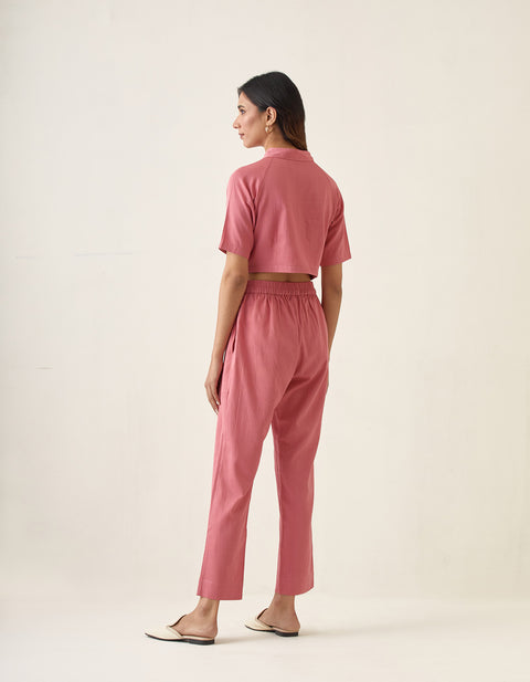 Handcraft Rose Pink Crop Top & Pleated Pants in Cotton Glaze (Set of 2) | Vinusto