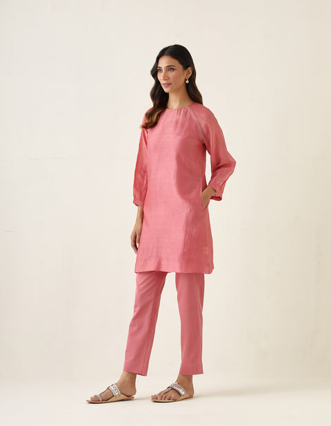 Order A-Line Chanderi Handloom Kurta with Slip & Cotton Glaze Pants in Rose Pink (Set of 3) | Vinusto