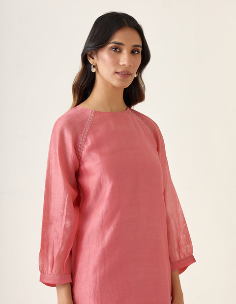 Luxury A-Line Chanderi Handloom Kurta with Slip & Cotton Glaze Pants in Rose Pink (Set of 3) | Vinusto