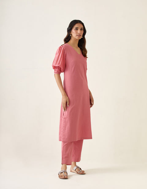 Order Rose Pink Kurta Set with Smocking Details, In Cotton Glaze & Chanderi (Set of 2) - By Vinusto
