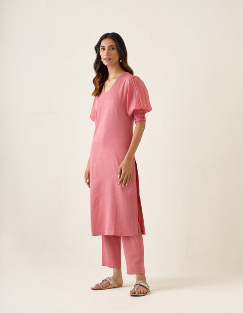 Buy Rose Pink Kurta Set with Smocking Details, In Cotton Glaze & Chanderi (Set of 2) - By Vinusto

