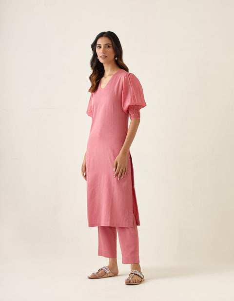 Rose Pink Kurta Set with Smocking Details, In Cotton Glaze & Chanderi (Set of 2)