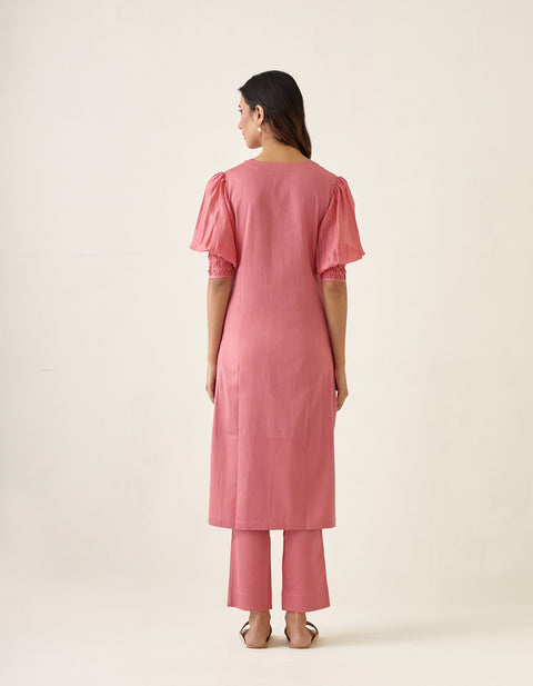 Premium Rose Pink Kurta Set with Smocking Details, In Cotton Glaze & Chanderi (Set of 2) - By Vinusto
