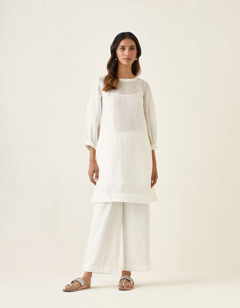 Buy A Line Linen Silk Kurta & Stole with Cotton Glaze Pants in White (Set of 4) - By Vinusto 
