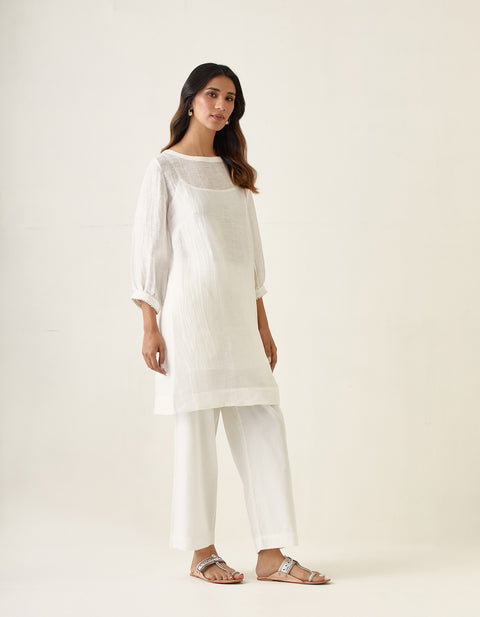 A Line Linen Silk Kurta & Stole with Cotton Glaze Pants in White (Set of 4)