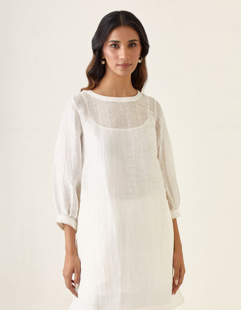 Designer A Line Linen Silk Kurta & Stole with Cotton Glaze Pants in White (Set of 4) - By Vinusto 
