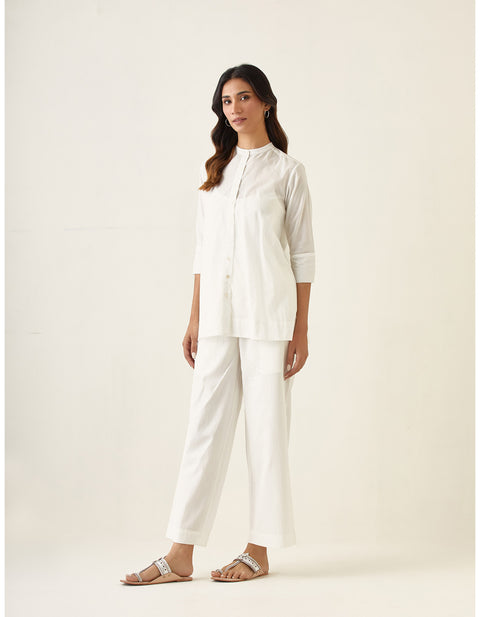 Co-ord Set- White Cotton A-line Shirt with Pants (Set of 2)