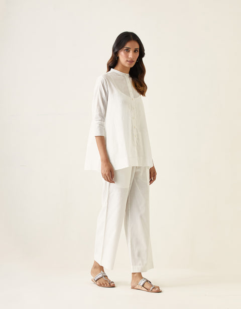 Luxury White Cotton A-Line Shirt with Pants (Set of 2) | Vinusto