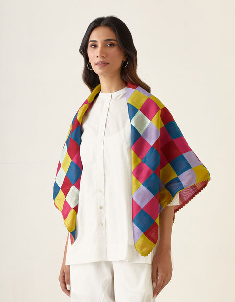 Coordinate Set- White Cotton A-line Shirt with Pants & Multicolored Chanderi Scarf (Set of 3)