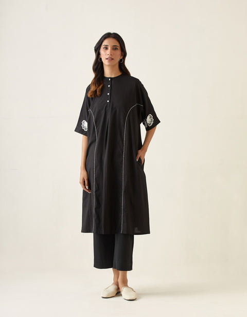 Kaftan Style Kurta Set In Black Cotton with Off White Embroidery (Set of 2)