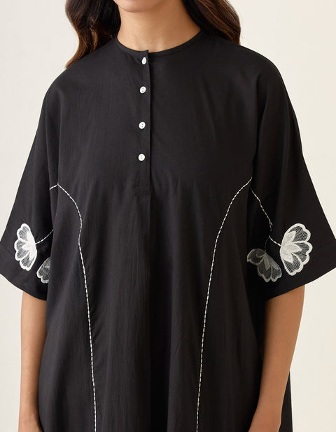 Handcrafted Kaftan Style Kurta Set In Black Cotton with Off White Embroidery (Set of 2) - By Vinusto
