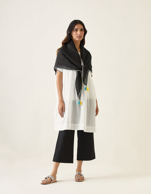 Shop White Pin tucks Kaftan with Kantha Stitch, Black Pants in Cotton & Linen Silk Handloom Stole (Set of 3) - By Vinusto 
