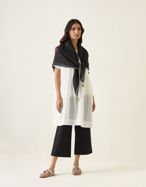 White Pin tucks Kaftan with Kantha Stitch, Black Pants in Cotton & Linen Silk Handloom Stole (Set of 3)