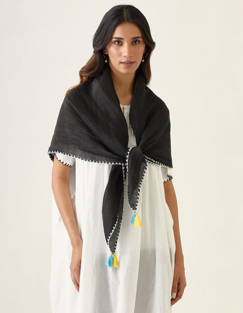 Premium White Pin tucks Kaftan with Kantha Stitch, Black Pants in Cotton & Linen Silk Handloom Stole (Set of 3) - By Vinusto 
