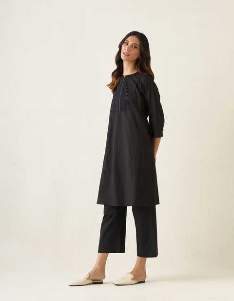 Handcrafted A Line Pin tuck Kurta with Cotton Pants in Black & Chanderi Handloom Dupatta in Lemon Yellow(Set of 3) - By Vinusto
