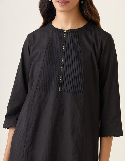 Luxury A-Line Pin Tuck Kurta with Pants in Black Cotton (Set of 2) | Vinusto