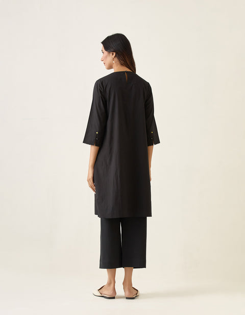 Premium A-Line Pin Tuck Kurta with Pants in Black Cotton (Set of 2) | Vinusto