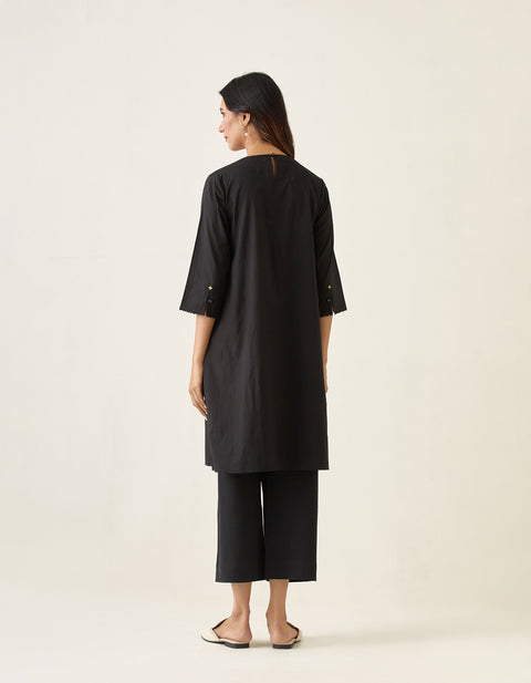 Coordinate Set- A Line Pin tuck Kurta with Pants in Black Cotton (Set of 2)