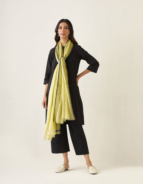 Shop A Line Pin tuck Kurta with Cotton Pants in Black & Chanderi Handloom Dupatta in Lemon Yellow(Set of 3) - By Vinusto
