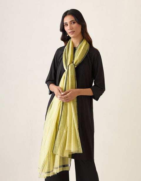 Designer A Line Pin tuck Kurta with Cotton Pants in Black & Chanderi Handloom Dupatta in Lemon Yellow(Set of 3) - By Vinusto
