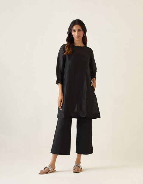 Coordinate Set- A Line Linen Silk Kurta with Slip & Cotton Glaze Pants in Black (Set of 3)