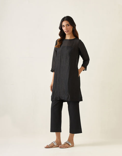 Coordinate Set- A Line Linen Silk Kurta with Slip & Cotton Glaze Pants in Black (Set of 3)