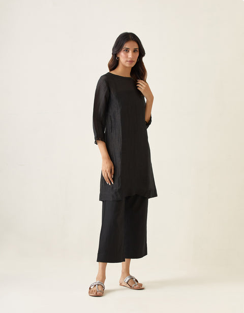 Coordinate Set- A Line Linen Silk Kurta with Slip & Cotton Glaze Pants in Black (Set of 3)