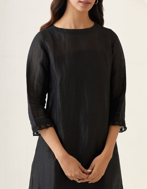 Luxury A-Line Linen Silk Kurta with Slip & Cotton Glaze Pants in Black (Set of 3) | Vinust