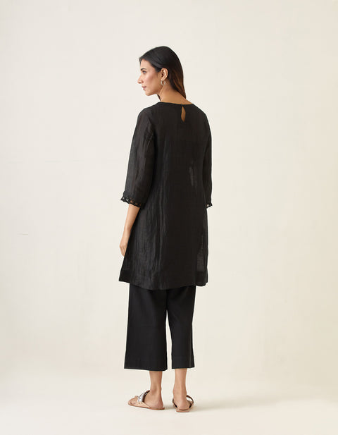 Premium A-Line Linen Silk Kurta with Slip & Cotton Glaze Pants in Black (Set of 3) | Vinust