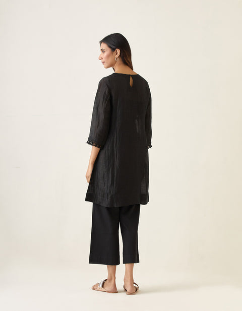 Coordinate Set- A Line Linen Silk Kurta with Slip & Cotton Glaze Pants in Black (Set of 3)