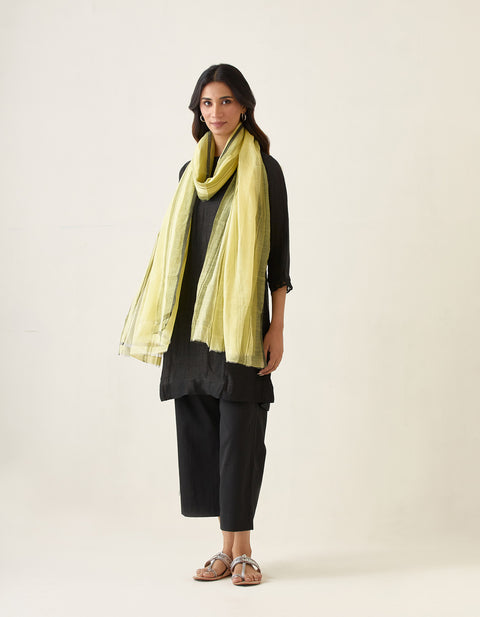 Shop Co-Ord Set  A Line Linen Silk Kurta, Cotton Glaze Pants in Black & Lemon Yellow Chanderi Handloom Dupatta (Set of 4) - By Vinusto
