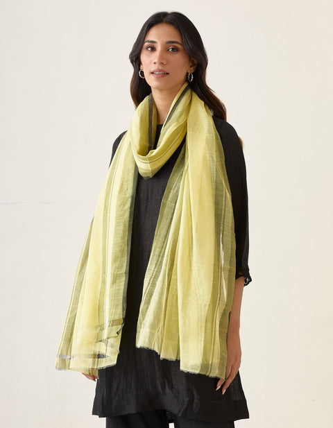 Designer Co-Ord Set  A Line Linen Silk Kurta, Cotton Glaze Pants in Black & Lemon Yellow Chanderi Handloom Dupatta (Set of 4) - By Vinusto
