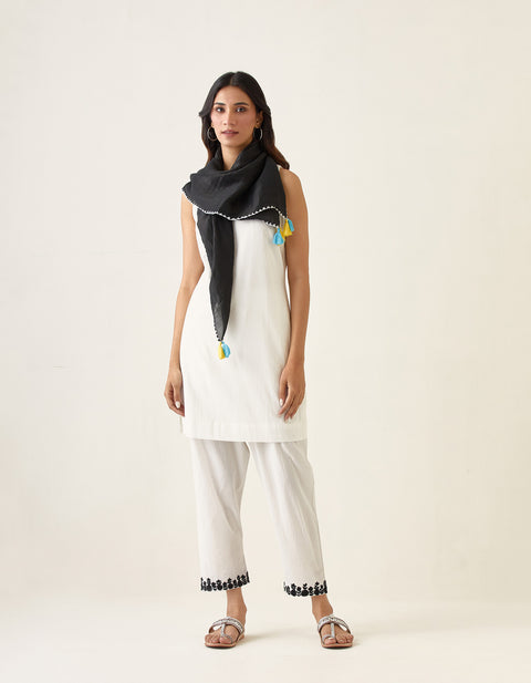 Shop Short Kurta & Embroidered Salwar in White Cotton, with Black Linen Silk Scarf (Set of 3) - By Vinusto
