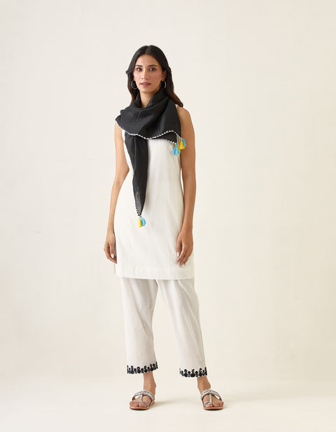 Short Kurta & Embroidered Salwar in White Cotton, with Black Linen Silk Scarf (Set of 3)