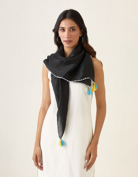 Order Short Kurta & Embroidered Salwar in White Cotton, with Black Linen Silk Scarf (Set of 3) - By Vinusto
