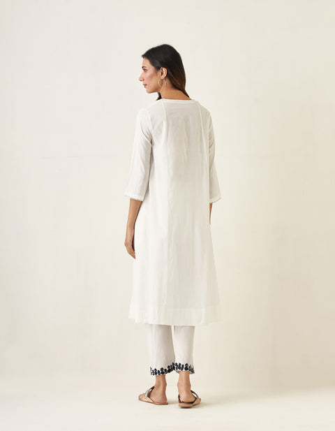 Embroidered A Line Paneled Kurta and Salwar in White Cotton (Set of 2)