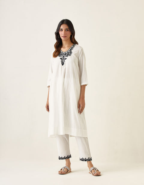 Shop Embroidered A Line Paneled Kurta and Salwar in White Cotton (Set of 2) - Vinusto 
