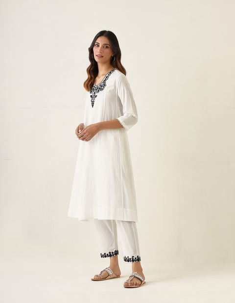 Embroidered A Line Paneled Kurta and Salwar in White Cotton (Set of 2)