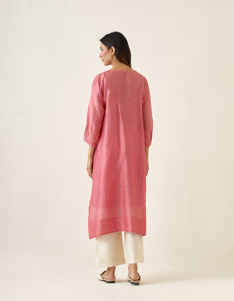 Premium Embroidered A line Chanderi kurta in Rose Pink, with Off White Pants and Slip (Set of 3) - By Vinusto
