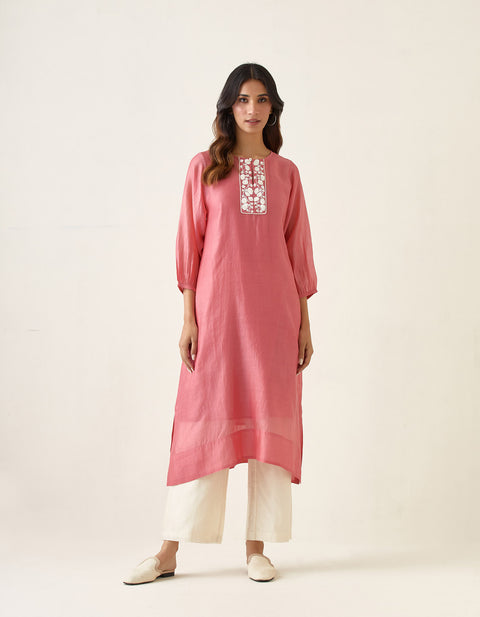 Shop Embroidered A line Chanderi kurta in Rose Pink, with Off White Pants and Slip (Set of 3) - By Vinusto
