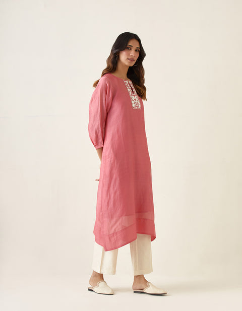 Order Embroidered A line Chanderi kurta in Rose Pink, with Off White Pants and Slip (Set of 3) - By Vinusto
