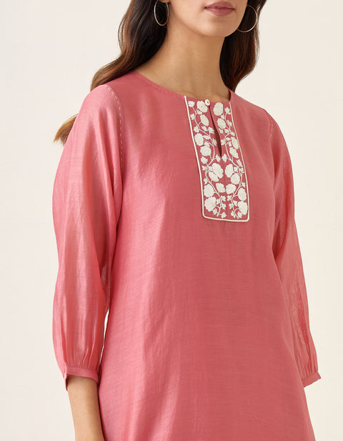 Embroidered A line Chanderi kurta in Rose Pink, with Off White Pants and Slip (Set of 3)