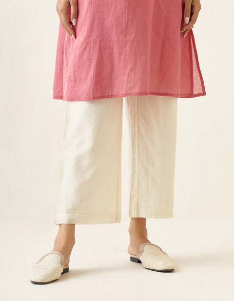 Luxurious Embroidered A line Chanderi kurta in Rose Pink, with Off White Pants and Slip (Set of 3) - By Vinusto
